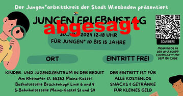 ...abgesagt! JET . Jungenerlebnistag 2024 in der Reduit . Mainz-Kastel Sonntag, 30. Juni 2024 . 12:00 bis 18:00 Uhr