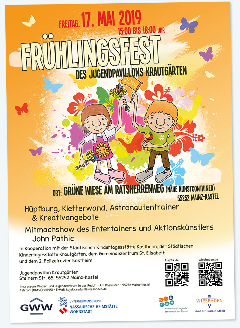 
FrÃ¼hlingsfest . des Jugendpavillon KrautgÃ¤rten . Freitag, 17. Mai 2019 . 15:00 bis 18:00 Uhr . Jugendpavillon KrautgÃ¤rten . Kinder- und Jugendzentrum in der Reduit . Mainz-Kastel