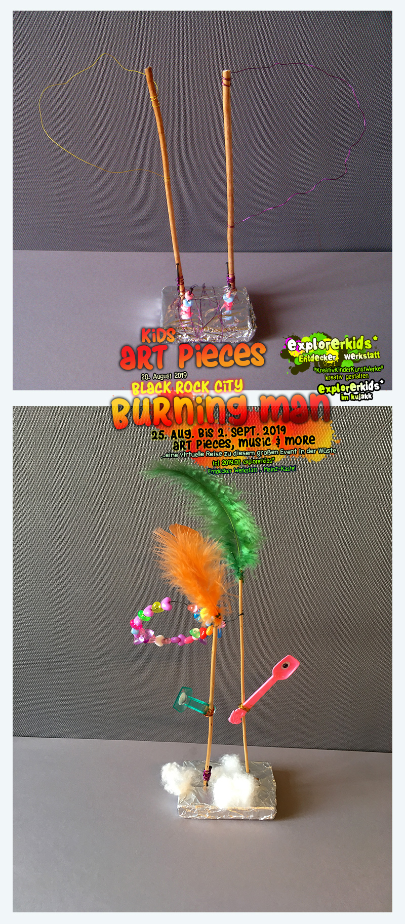 kids art pieces . Black Rock City . Burning Man . 25. August bis 2. September 2019 . art pieces, music & more . explorerkids* . Entdecker Werkstatt im kujakk . Kinder- und Jugendzentrum in der Reduit . Mainz-Kastel