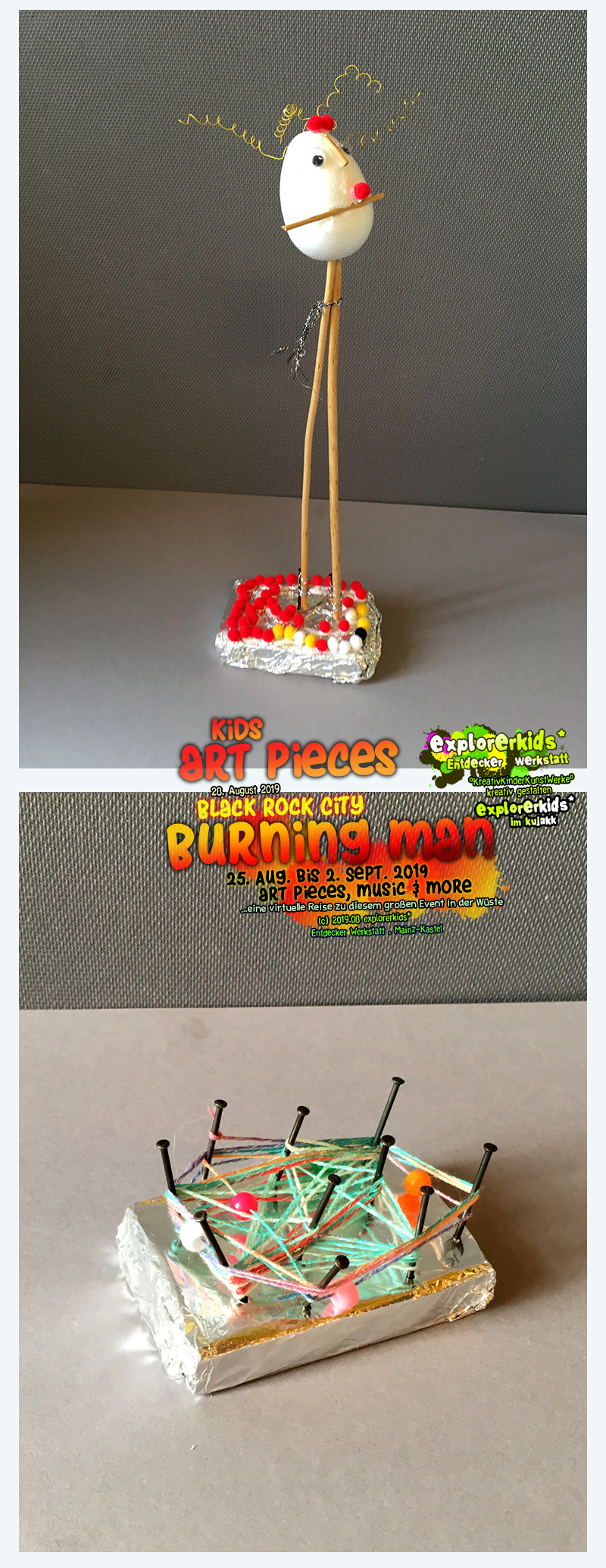 kids art pieces . Black Rock City . Burning Man . 25. August bis 2. September 2019 . art pieces, music & more . explorerkids* . Entdecker Werkstatt im kujakk . Kinder- und Jugendzentrum in der Reduit . Mainz-Kastel