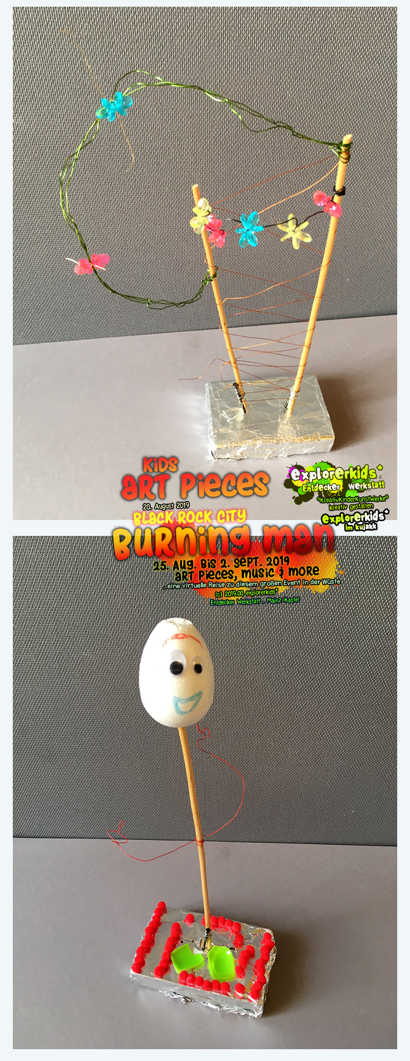 kids art pieces . Black Rock City . Burning Man . 25. August bis 2. September 2019 . art pieces, music & more . explorerkids* . Entdecker Werkstatt im kujakk . Kinder- und Jugendzentrum in der Reduit . Mainz-Kastel