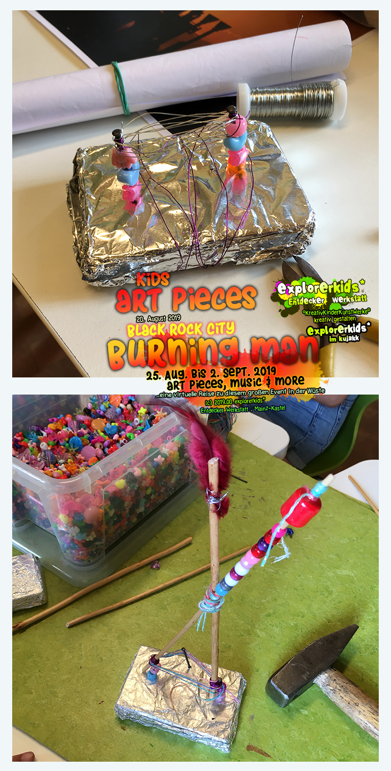 kids art pieces . Black Rock City . Burning Man . 25. August bis 2. September 2019 . art pieces, music & more . explorerkids* . Entdecker Werkstatt im kujakk . Kinder- und Jugendzentrum in der Reduit . Mainz-Kastel