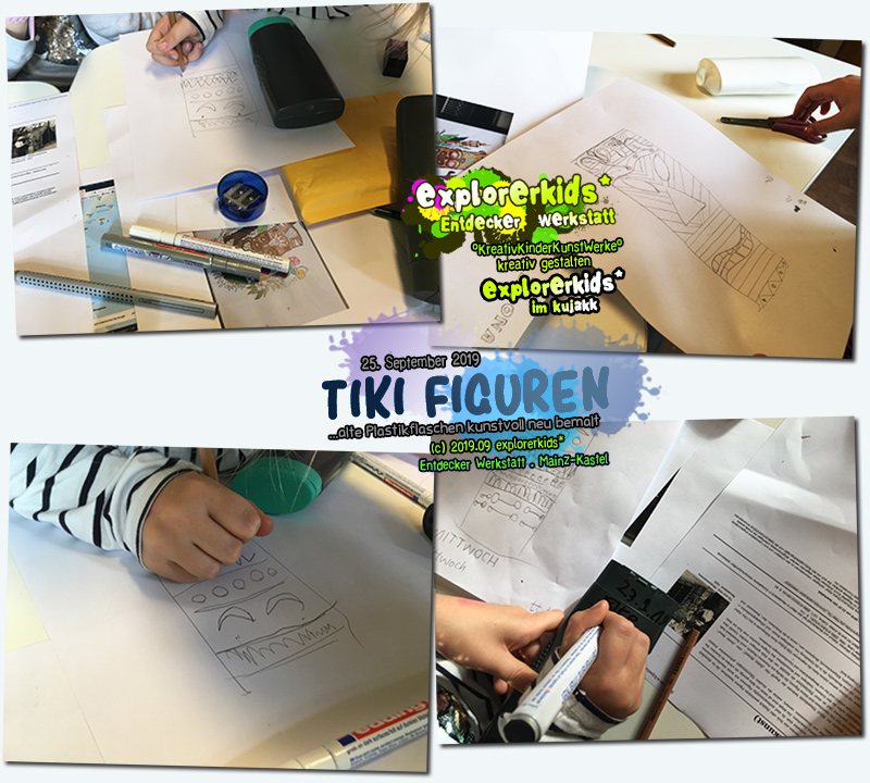 Tiki Figuren . ...alte Plastikflaschen kunstvoll neu bemalt . explorerkids* . Entdecker Werkstatt im kujakk . Kinder- und Jugendzentrum in der Reduit . Mainz-Kastel