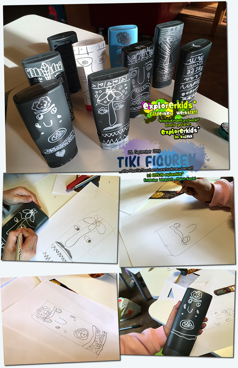 Tiki Figuren . ...alte Plastikflaschen kunstvoll neu bemalt . explorerkids* . Entdecker Werkstatt im kujakk . Kinder- und Jugendzentrum in der Reduit . Mainz-Kastel