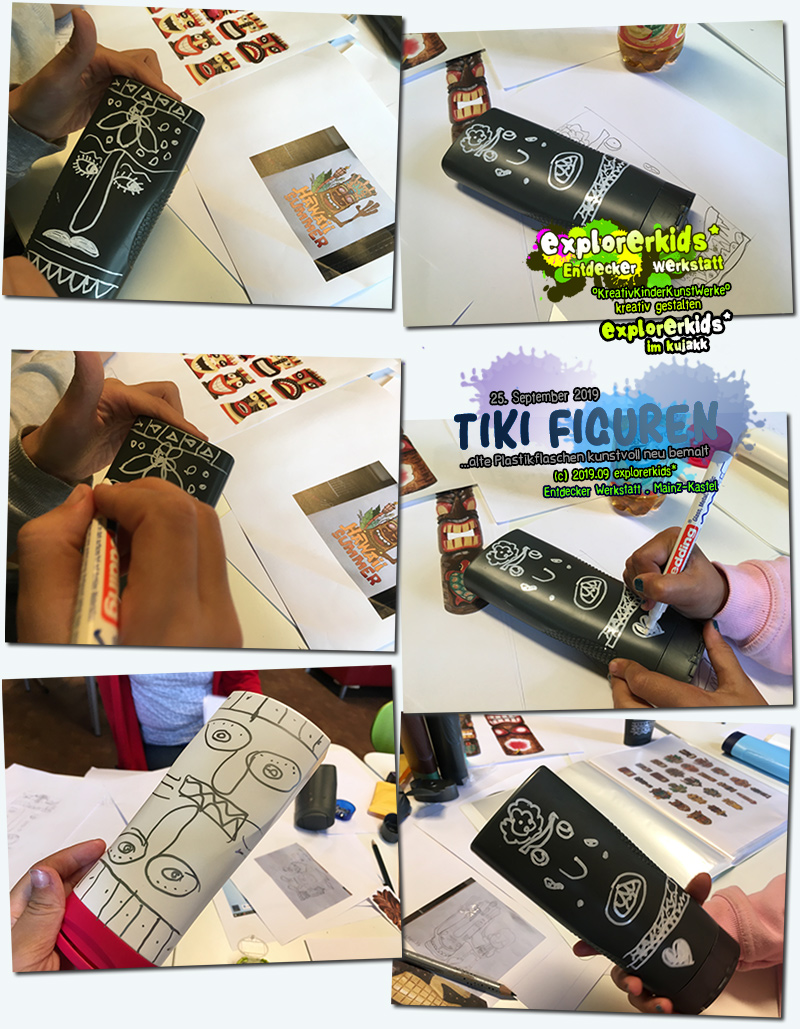 Tiki Figuren . ...alte Plastikflaschen kunstvoll neu bemalt . explorerkids* . Entdecker Werkstatt im kujakk . Kinder- und Jugendzentrum in der Reduit . Mainz-Kastel