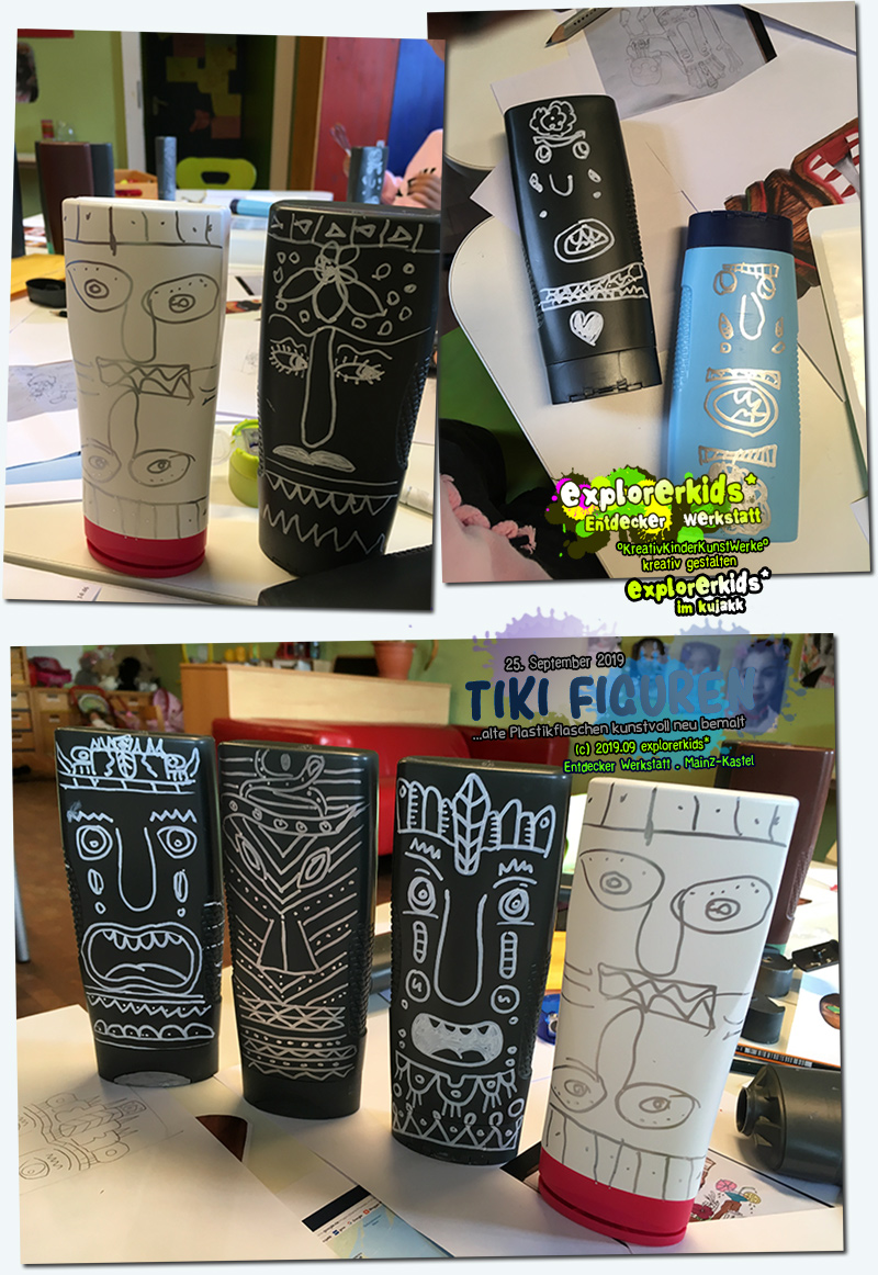 Tiki Figuren . ...alte Plastikflaschen kunstvoll neu bemalt . explorerkids* . Entdecker Werkstatt im kujakk . Kinder- und Jugendzentrum in der Reduit . Mainz-Kastel