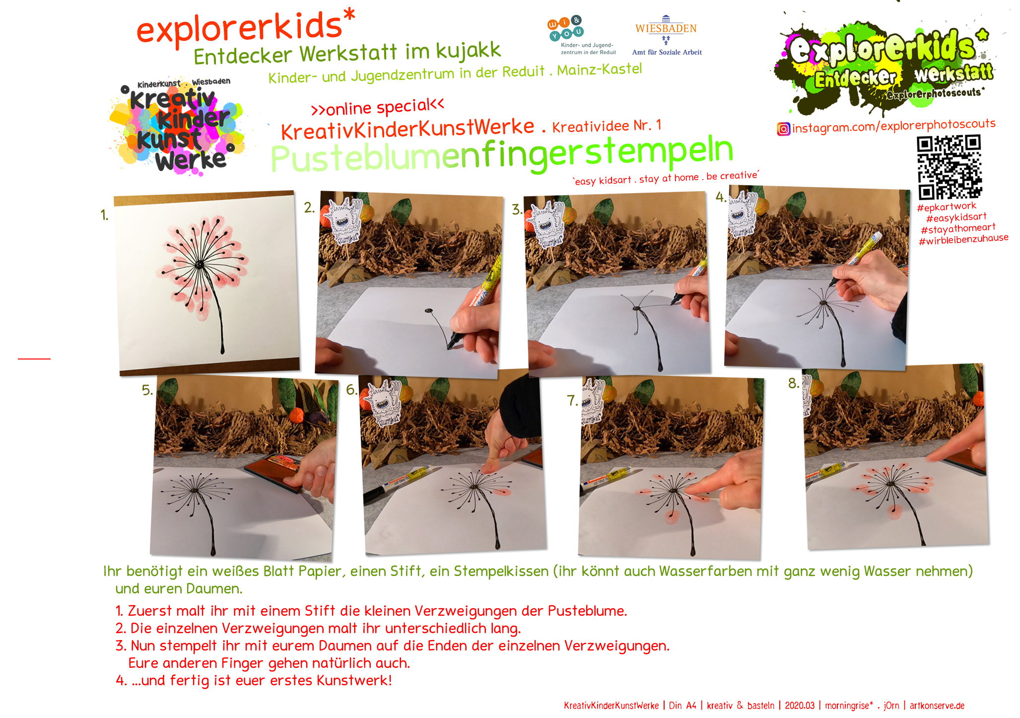 Pusteblumenfingerstempeln . stay at home . be creative _ bleib zuhause . sei kreativ . #epkartwork #easykidsart . explorerkids* online . explorerphotoscouts* . 21. März 2020 flurrykid* by morningrise* . jOrn . creativesocialmediacloud & artkonserve.de . Entdecker Werkstatt im kujakk . Kinder- und Jugendzentrum in der Reduit . Mainz-Kastel