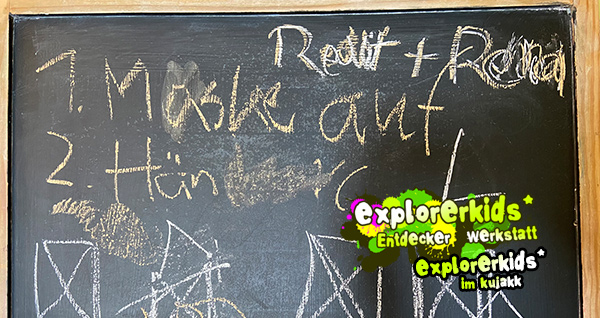 1. Maske auf . 2. Hän . 3. Juni 2020 . explorerkids* . Entdecker Werkstatt im kujakk . Kinder- und Jugendzentrum in der Reduit . Mainz-Kastel . explorerkids* . Entdecker Werkstatt im kujakk