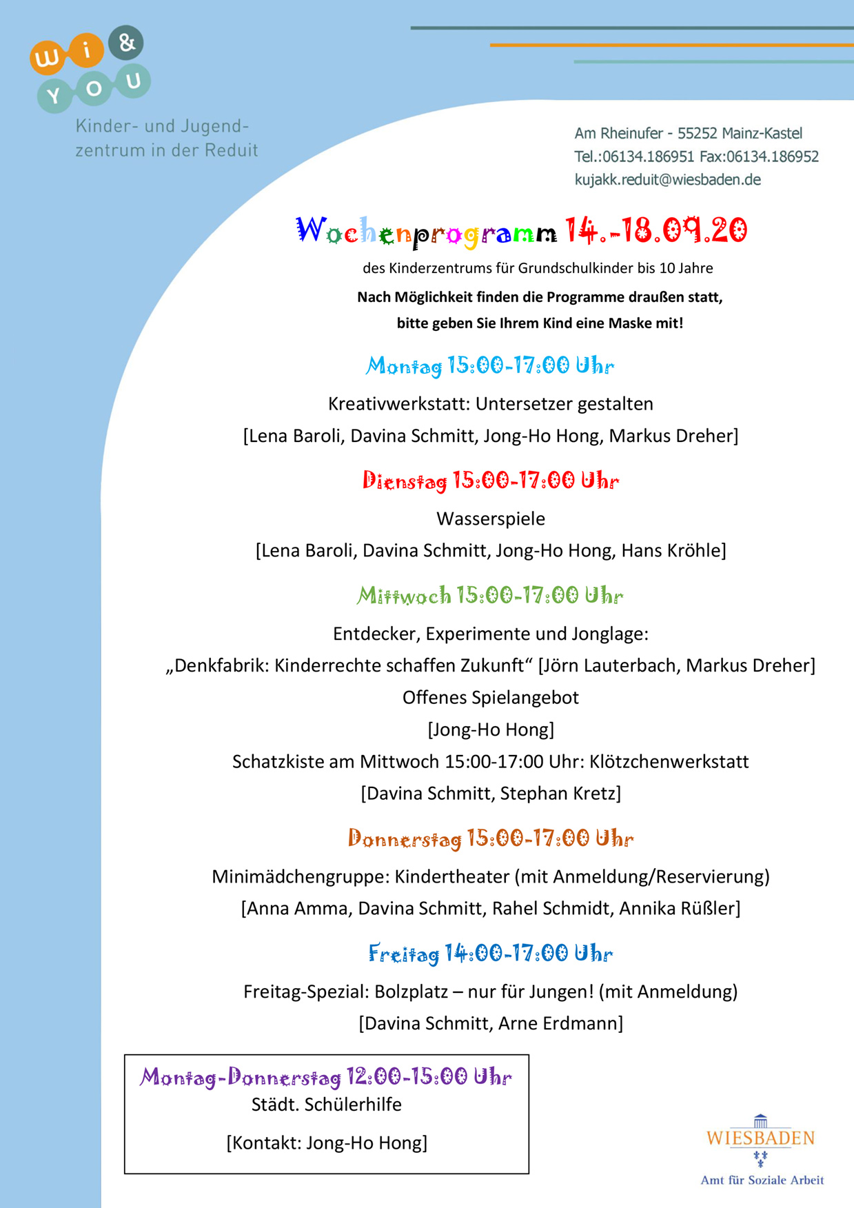 Wochenprogramm vom 14. bis 18. September 2020 des Kinderzentrums für Grundschulkinder bis 10 Jahre . kujakk . Kinder- und Jugendzentrum in der Reduit . Mainz-Kastel