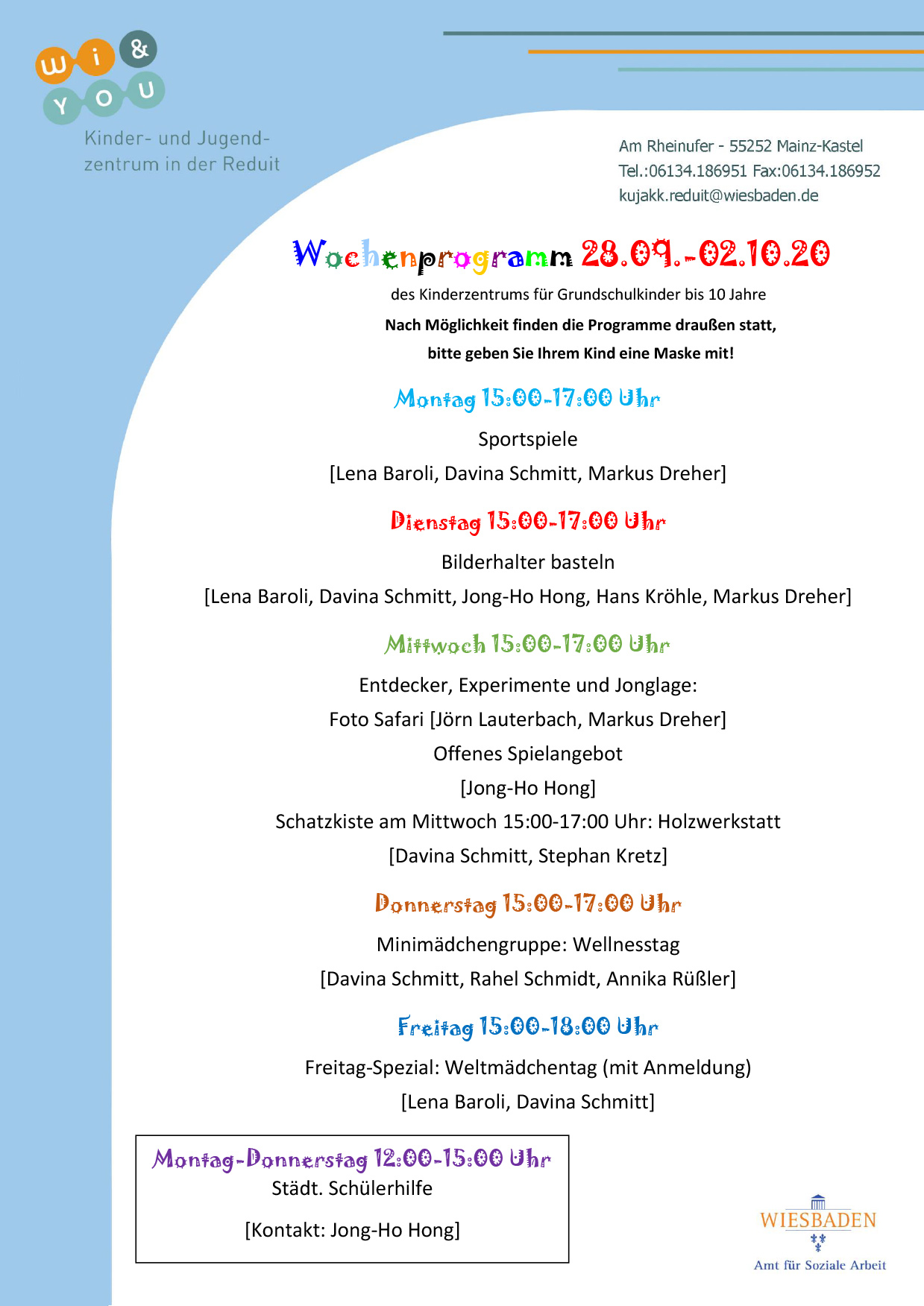 Wochenprogramm vom 21. bis 25. September 2020 des Kinderzentrums für Grundschulkinder bis 10 Jahre . kujakk . Kinder- und Jugendzentrum in der Reduit . Mainz-Kastel