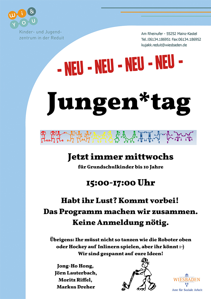 Jungen*tag . NEU ...immer mittwochs . ...ab Mittwoch, 1. September 2021 . kujakk . Kinder- und Jugendzentrum in der Reduit . Mainz-Kastel