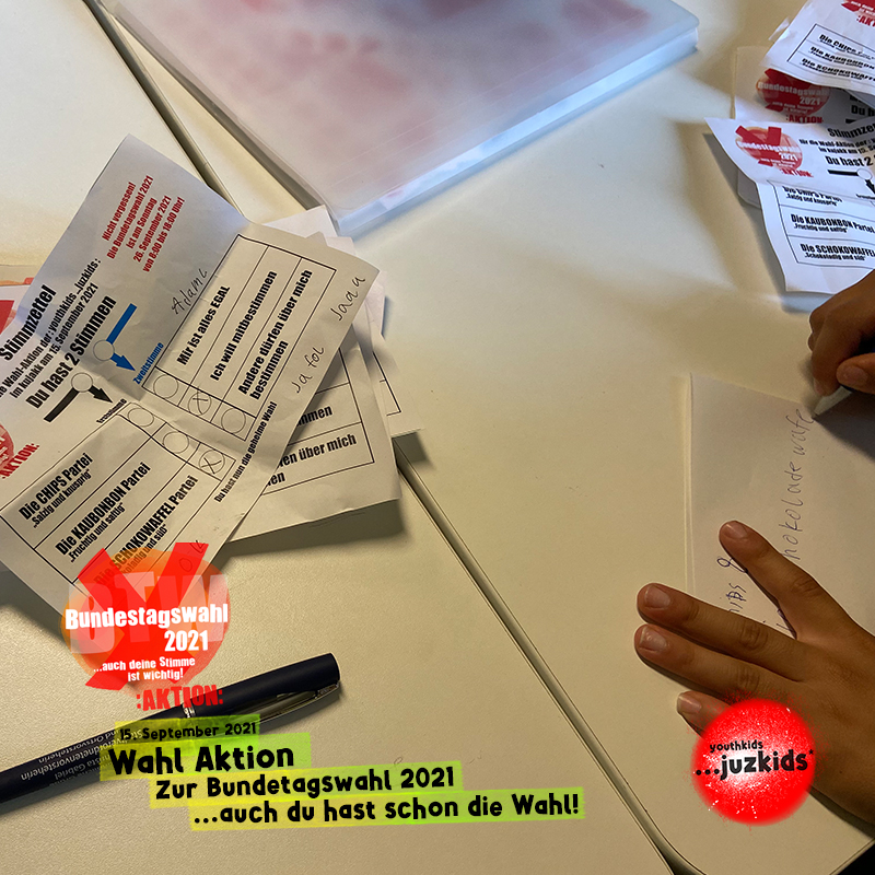 Wahl Aktion zur Bundestagswahl 2021 . ...auch du hast schon die Wahl! . 15. September 2021 . youthkids . ...juzkids* . Jungentag im kujakk . Kinder- und Jugendzentrum in der Reduit Mainz-Kastel