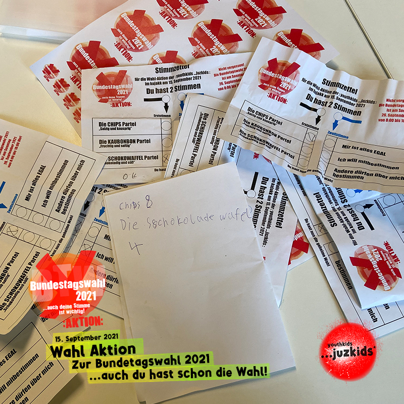 Wahl Aktion zur Bundestagswahl 2021 . ...auch du hast schon die Wahl! . 15. September 2021 . youthkids . ...juzkids* . Jungentag im kujakk . Kinder- und Jugendzentrum in der Reduit Mainz-Kastel