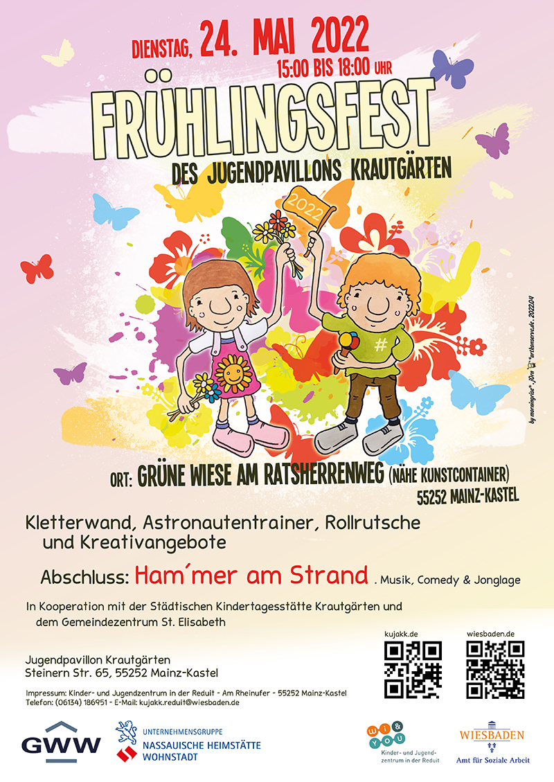FrÃ¼hlingsfest Jugendpavillon KrautgÃ¤rten . GrÃ¼ne Wiese am Ratsherrenweg (NÃ¤he Kunstcontainer) . Dienstag, 24. Mai 2022 . Kinder- und Jugendzentrum in der Reduit Mainz-Kastel