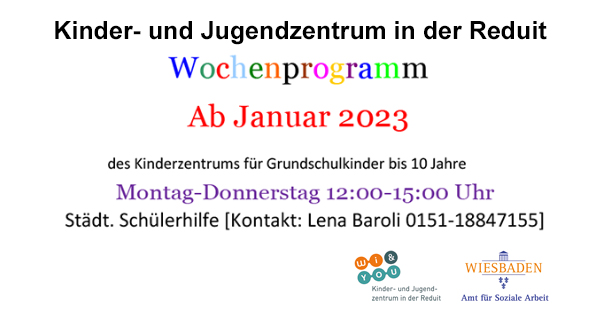 Wochenprogramm 2023 . Angebote und Aktionen im kujakk . Ab Januar 2023 . kujakk . Kinder- und Jugendzentrum in der Reduit . Mainz-Kastel