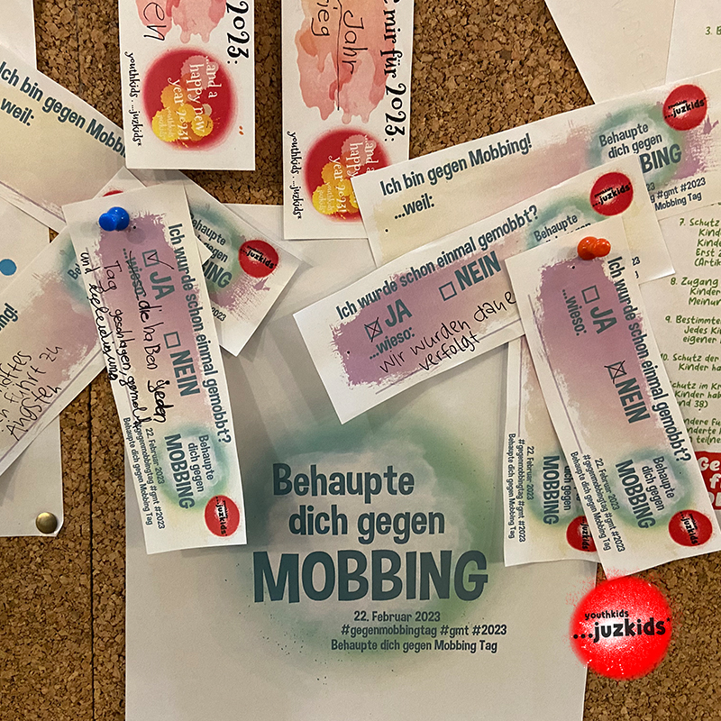 Behaupte dich gegen Mobbing . Wir sind aktiv gegen Mobbing! . 22. Februar 2023 . yjk . youthkids . ...juzkids* . Jungengruppe im kujakk . Kinder- und Jugendzentrum in der Reduit . Mainz-Kastel