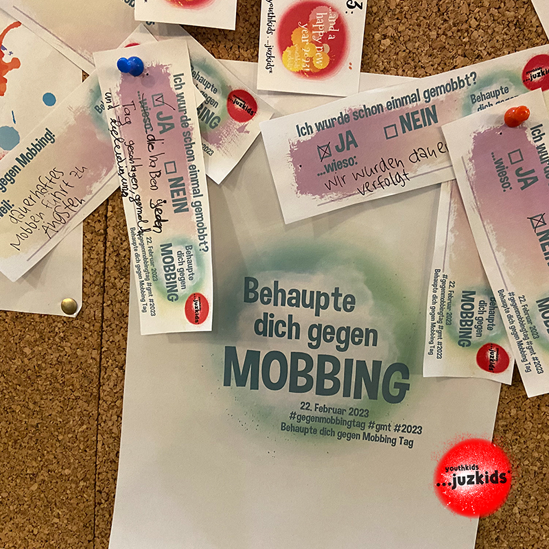 Behaupte dich gegen Mobbing . Wir sind aktiv gegen Mobbing! . 22. Februar 2023 . yjk . youthkids . ...juzkids* . Jungengruppe im kujakk . Kinder- und Jugendzentrum in der Reduit . Mainz-Kastel