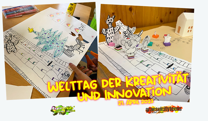 Welttag der KreativitÃ¤t und Innovation . Durch KreativitÃ¤t und Innovation die menschliche Entwicklung stÃ¤rken . 21. April 2023 . explorerkids* . Entdecker Werkstatt im kujakk . kujakk . Kinder- und Jugendzentrum in der Reduit . Mainz-Kastel . & . gct . graeselcityteens ...auf dem GrÃ¤selberg . Stadtteilzentrum GrÃ¤selberg . Wiesbaden