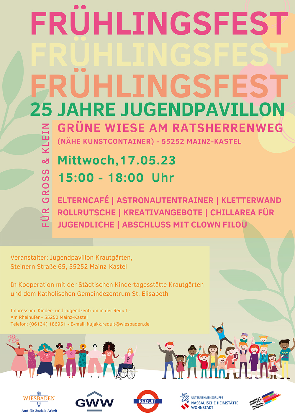 FrÃ¼hlingsfest Jugendpavillon KrautgÃ¤rten 2023 . 25 Jahre Jugendpavillon . Mittwoch, 17. Mai 2023 . Kinder- und Jugendzentrum in der Reduit Mainz-Kastel