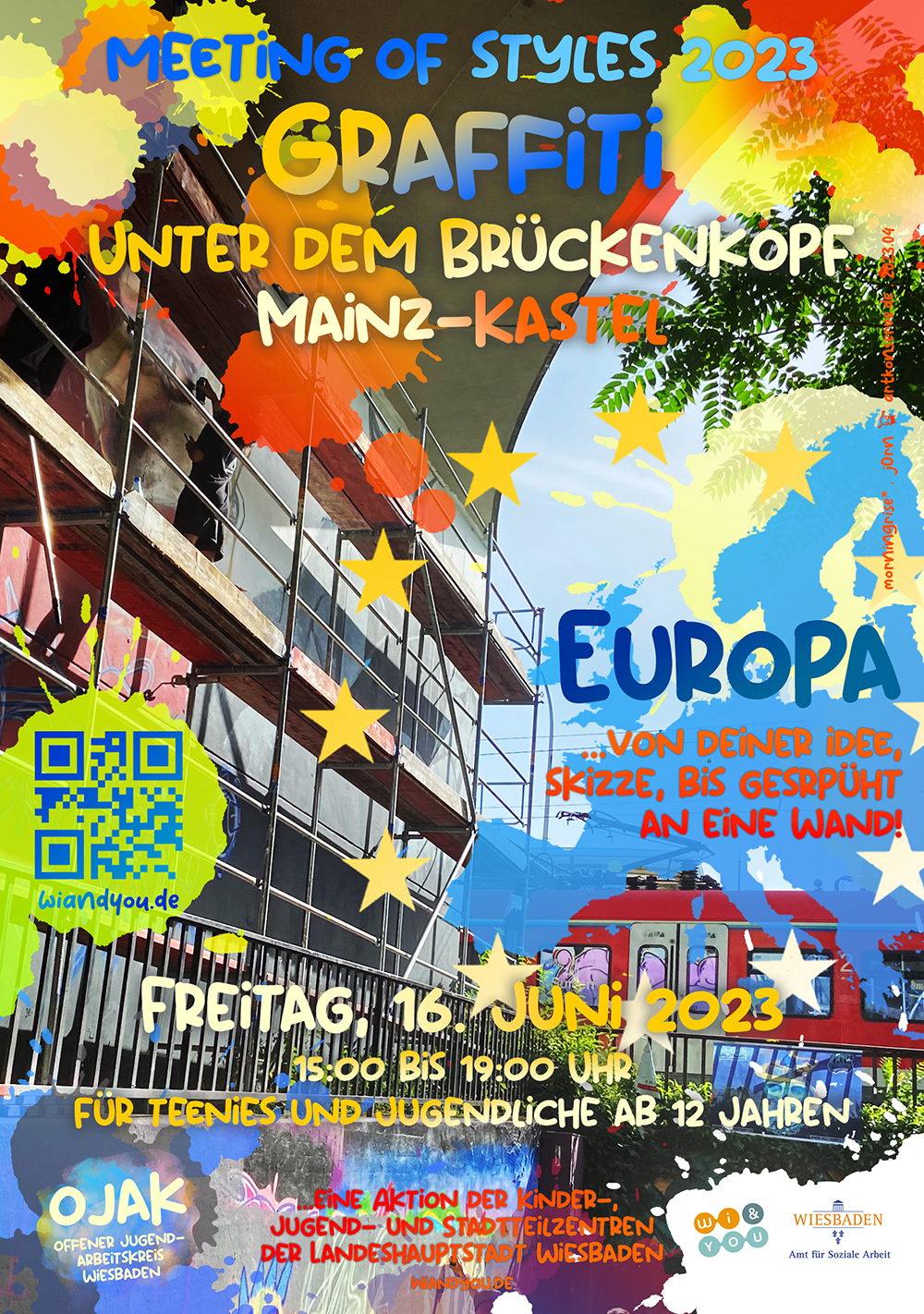 meeting of styles . Graffiti Aktion 2023 . Thema: Europa . Freitag, 16. Juni 2023 . OJAK . Offener Jugendarbeitskreis Wiesbaden . kujakk . Kinder- und Jugendzentrum in der Reduit . Mainz-Kastel