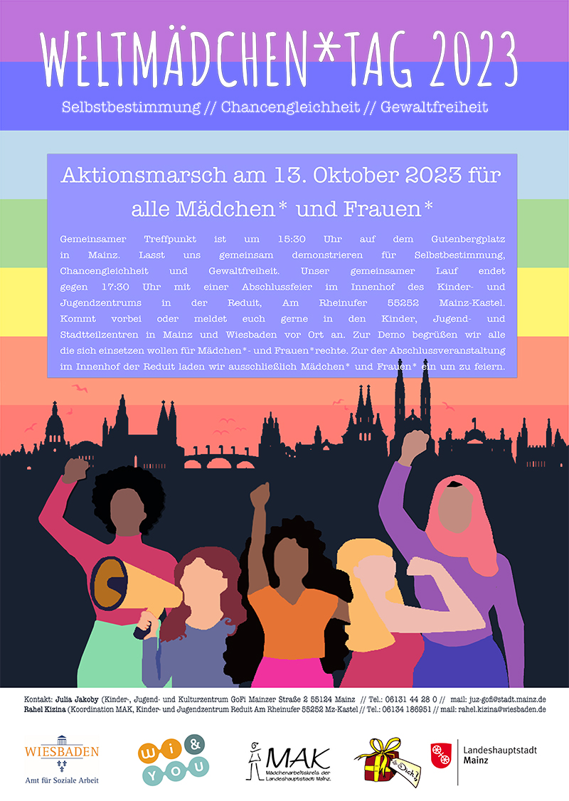 WeltmÃ¤dchen*tag 2023 . Selbstbestimmung // Chancengleichheit // Gewaltfreiheit . Freitag, 13. Oktober 2023 . kujakk . Kinder- und Jugendzentrum in der Reduit . Mainz-Kastel