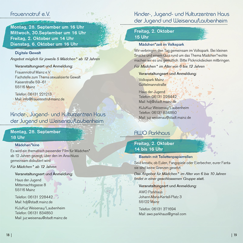 WELTMÃDCHEN*TAG 2020 . Chancengleichheit . Gewaltfreiheit . Selbstbestimmung . Aktionswoche vom 28. September bis 6. Oktober 2020 . in Mainz und Wiesbaden . kujakk . Kinder- und Jugendzentrum in der Reduit . Mainz-Kastel