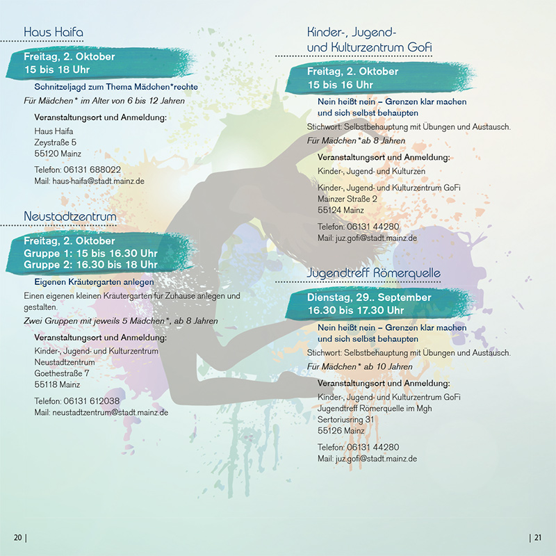WELTMÃDCHEN*TAG 2020 . Chancengleichheit . Gewaltfreiheit . Selbstbestimmung . Aktionswoche vom 28. September bis 6. Oktober 2020 . in Mainz und Wiesbaden . kujakk . Kinder- und Jugendzentrum in der Reduit . Mainz-Kastel