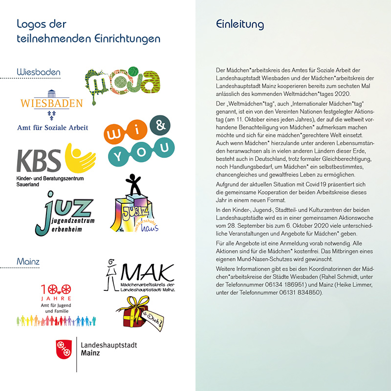 WELTMÃ„DCHEN*TAG 2020 . Chancengleichheit . Gewaltfreiheit . Selbstbestimmung . Aktionswoche vom 28. September bis 6. Oktober 2020 . in Mainz und Wiesbaden . kujakk . Kinder- und Jugendzentrum in der Reduit . Mainz-Kastel