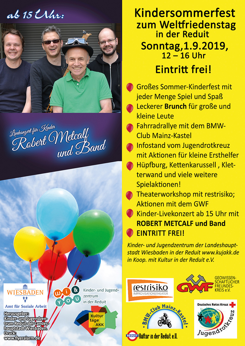 
Kindersommerfest zum Weltfriedenstag in der Reduit . Sonntag, 1. September 2019 . 12:00 bis 16:00 Uhr . Eintritt frei! . Kinder- und Jugendzentrum in der Reduit . Mainz-Kastel