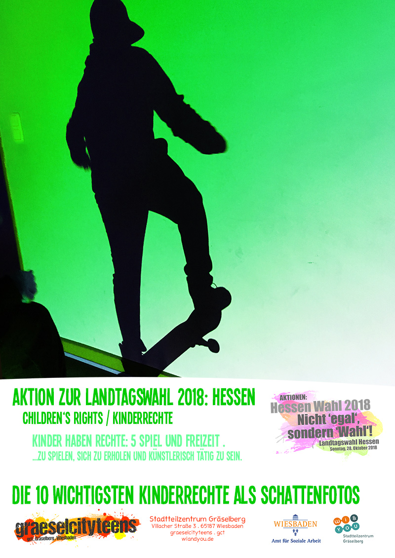 Die 10 wichtigsten Kinderrechte als Schattenfotos
childrenâs rights / Kinderrechte . 1 bis 5 . graeselcityteens . gct . Stadtteilzentrum Gräselberg . Wiesbaden
