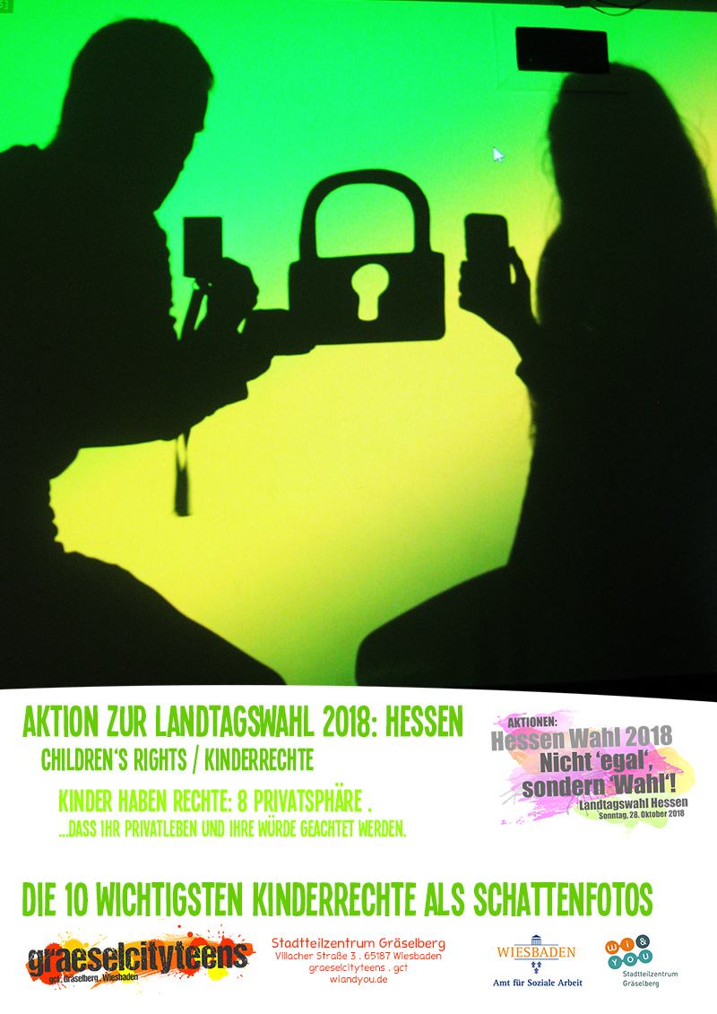 Die 10 wichtigsten Kinderrechte als Schattenfotos
childrenâs rights / Kinderrechte . 1 bis 5 . graeselcityteens . gct . Stadtteilzentrum Gräselberg . Wiesbaden