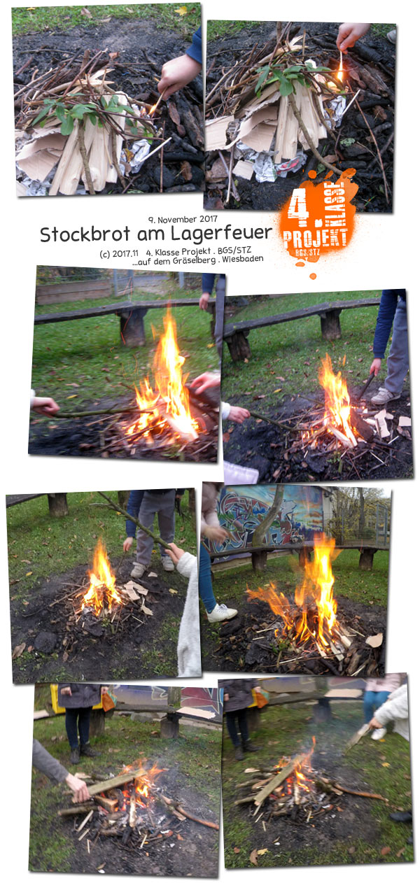 Stockbrot am Lagerfeuer . 4. Klasse Projekt BGS/STZ . Betreuende Grundschule / Stadtteilzentrum GrÃ¤selberg . Wiesbaden