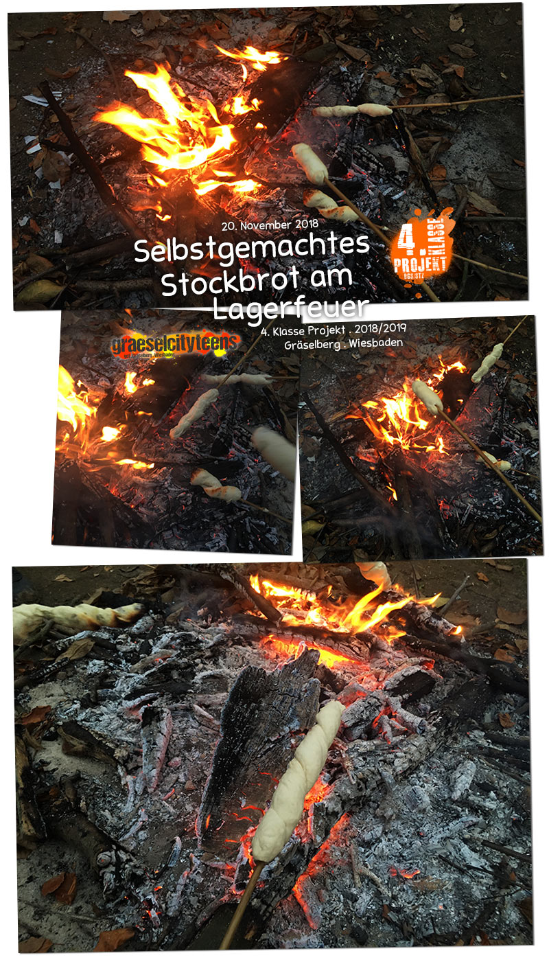 Selbstgemachtes Stockbrot am Lagerfeuer . 4. Klasse Projekt BGS/STZ . Betreuende Grundschule / Stadtteilzentrum GrÃ¤selberg . Wiesbaden