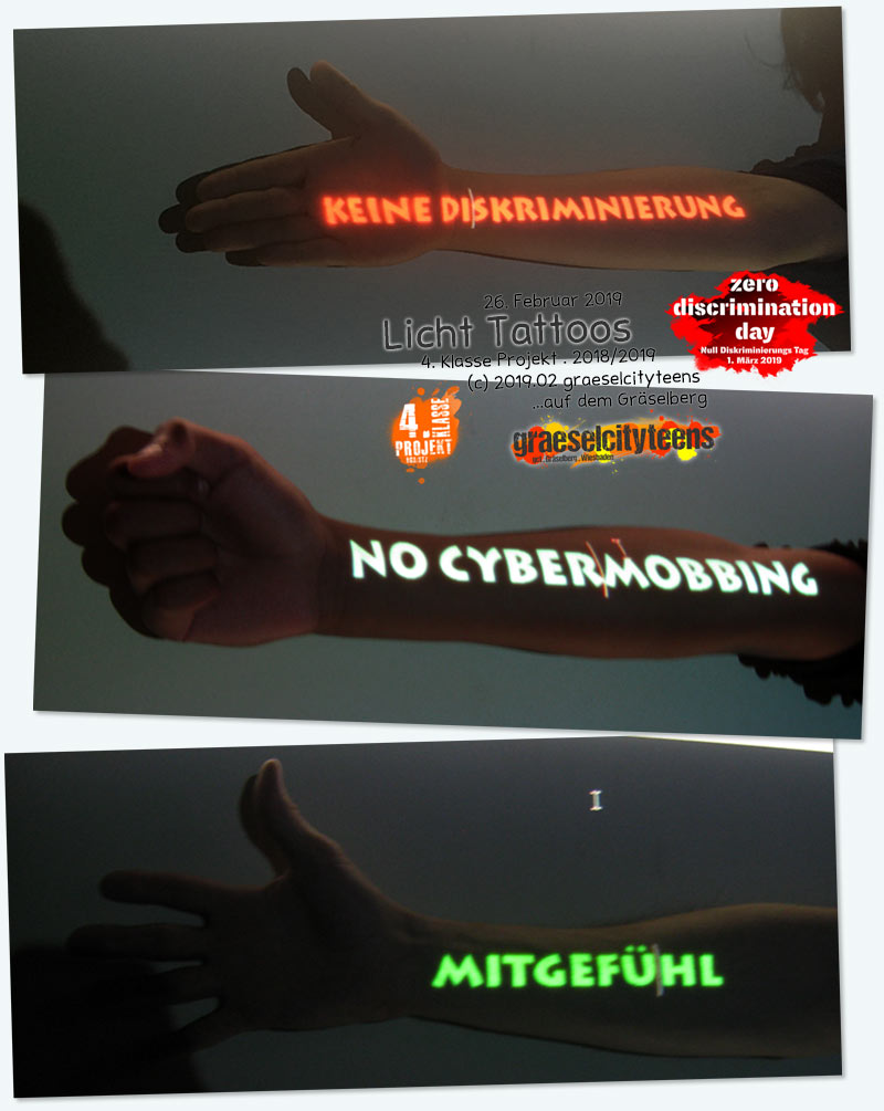 Licht Tattoos . zero discrimination day 2019 . 26. Februar 2019 . Kooperationsprojekt . 4. Klasse Projekt . graeselcityteens . Stadtteilzentrum Gräselberg . Wiesbaden