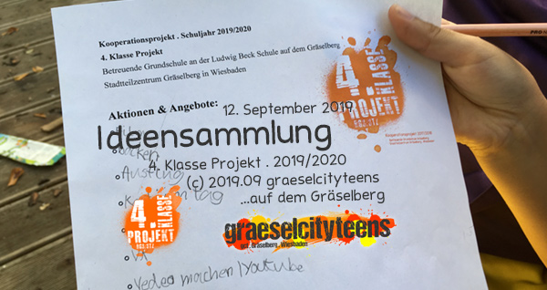 Ideensammlung . Was kann man alles in einem Jugendzentrum machen? . Kooperationsprojekt . 4. Klasse Projekt . graeselcityteens . 12. September 2019 . Stadtteilzentrum Gräselberg . Wiesbaden