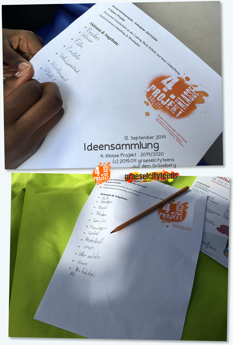 
Ideensammlung . Was kann man alles in einem Jugendzentrum machen? . Kooperationsprojekt . 4. Klasse Projekt . graeselcityteens . 12. September 2019 . Stadtteilzentrum GrÃ¤selberg . Wiesbaden