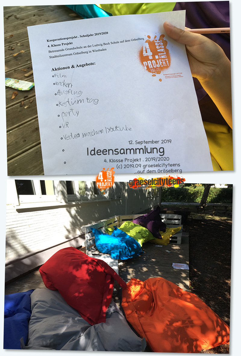 
Ideensammlung . Was kann man alles in einem Jugendzentrum machen? . Kooperationsprojekt . 4. Klasse Projekt . graeselcityteens . 12. September 2019 . Stadtteilzentrum GrÃ¤selberg . Wiesbaden