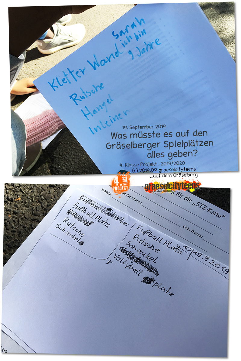 Was mÃ¼sste es auf GrÃ¤selberger SpielplÃ¤tzen alles geben? . Kooperationsprojekt . 4. Klasse Projekt . graeselcityteens . 19. September 2019 . Stadtteilzentrum GrÃ¤selberg . Wiesbaden