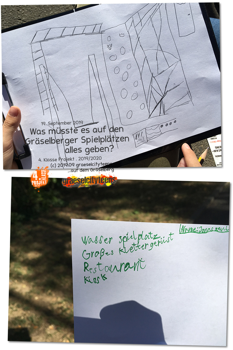 Was müsste es auf Gräselberger Spielplätzen alles geben? . Kooperationsprojekt . 4. Klasse Projekt . graeselcityteens . 19. September 2019 . Stadtteilzentrum Gräselberg . Wiesbaden