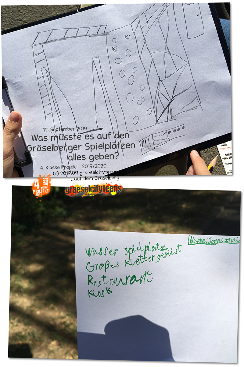 Was mÃ¼sste es auf GrÃ¤selberger SpielplÃ¤tzen alles geben? . Kooperationsprojekt . 4. Klasse Projekt . graeselcityteens . 19. September 2019 . Stadtteilzentrum GrÃ¤selberg . Wiesbaden