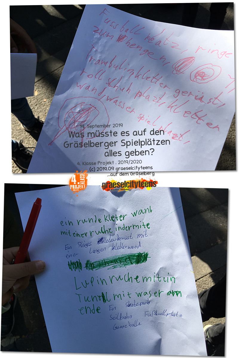 Was mÃ¼sste es auf GrÃ¤selberger SpielplÃ¤tzen alles geben? . Kooperationsprojekt . 4. Klasse Projekt . graeselcityteens . 19. September 2019 . Stadtteilzentrum GrÃ¤selberg . Wiesbaden