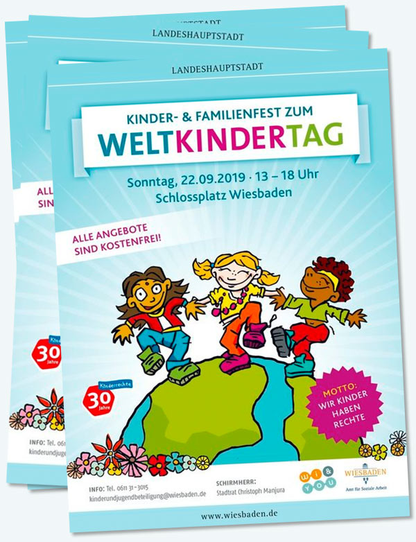 Flyer . Weltkindertagsfest 2019 . Kinder- & Familienfest zum Weltkindertag . Motto: Wir Kinder haben Rechte . Sonntag, 22. September 2019 . 13:00 bis 18:00 Uhr . Schlossplatz Wiesbaden