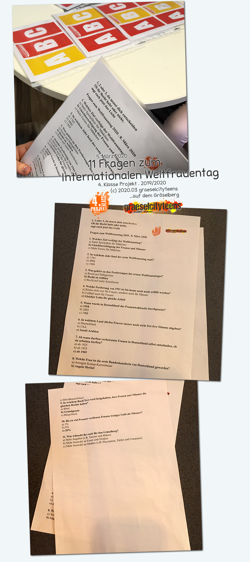 11 Fragen zum Internationalen Weltfrauentag . ...am 8. März 2020 . 5. März 2020 . Kooperationsprojekt . 4. Klasse Projekt . graeselcityteens . Stadtteilzentrum Gräselberg . Wiesbaden