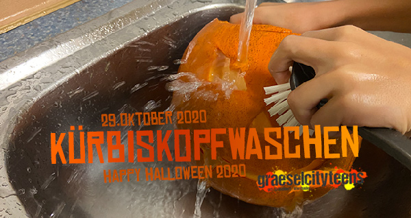KÃ¼rbiskopfwaschen . happy halloween 2020 . ...schÃ¶n sauber zu Halloween . 29. Oktober 2020 . gct . graeselcityteens ...auf dem GrÃ¤selberg . Stadtteilzentrum GrÃ¤selberg . Wiesbaden