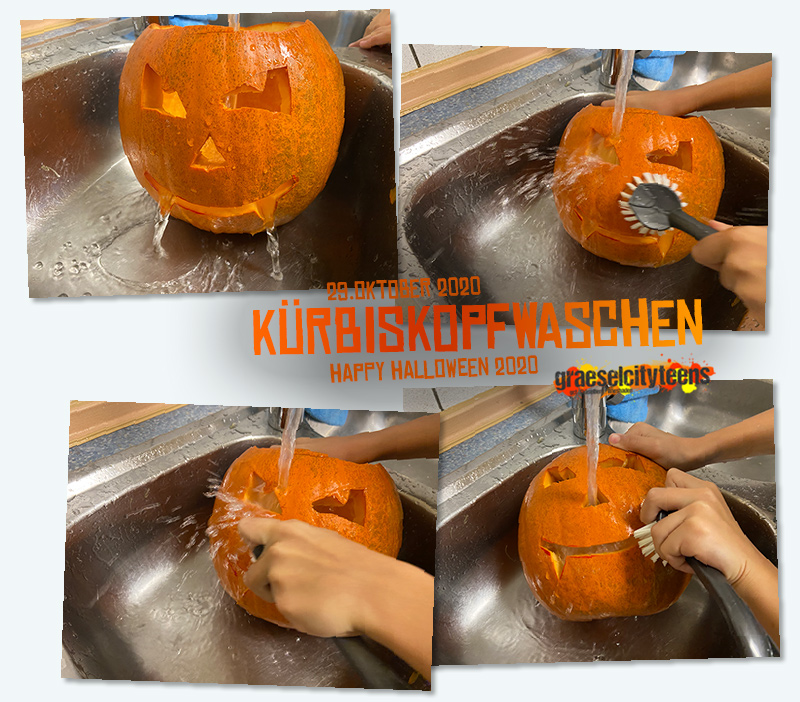 Kürbiskopfwaschen . happy halloween 2020 . ...schön sauber zu Halloween . 29. Oktober 2020 . gct . graeselcityteens ...auf dem Gräselberg . Stadtteilzentrum Gräselberg . Wiesbaden