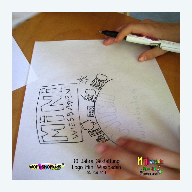 10 Jahre Gestaltung Logo Mini Wiesbaden . Mini Wiesbaden Gräselberg . Kinderspielstadt . Planspiel . Ferienprogramm . 10. Mai 2011 . workshopkids . ...auf dem Gräselberg . Stadtteilzentrum Gräselberg . Wiesbaden