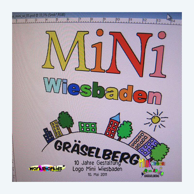 10 Jahre Gestaltung Logo Mini Wiesbaden . Mini Wiesbaden GrÃ¤selberg . Kinderspielstadt . Planspiel . Ferienprogramm . 12. Mai 2011 . workshopkids . ...auf dem GrÃ¤selberg . Stadtteilzentrum GrÃ¤selberg . Wiesbaden