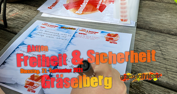 Freiheit & Sicherheit . Was bedeutet das für dich? . Aktion zur Bundestagswahl 2021 . 21. September 2021 . gct . graeselcityteens ...auf dem Gräselberg . Stadtteilzentrum Gräselberg . Wiesbaden