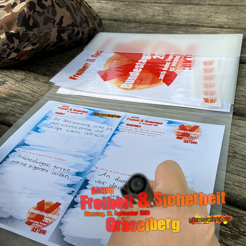 Freiheit & Sicherheit . Was bedeutet das für dich? . Aktion zur Bundestagswahl 2021 . 21. September 2021 . gct . graeselcityteens ...auf dem Gräselberg . Stadtteilzentrum Gräselberg . Wiesbaden