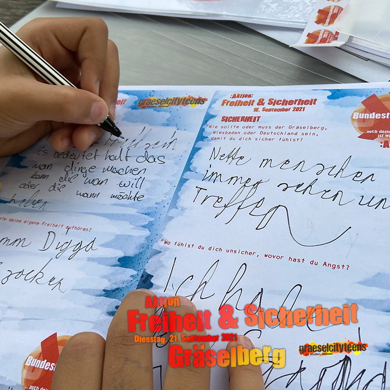 Freiheit & Sicherheit . Was bedeutet das für dich? . Aktion zur Bundestagswahl 2021 . 21. September 2021 . gct . graeselcityteens ...auf dem Gräselberg . Stadtteilzentrum Gräselberg . Wiesbaden